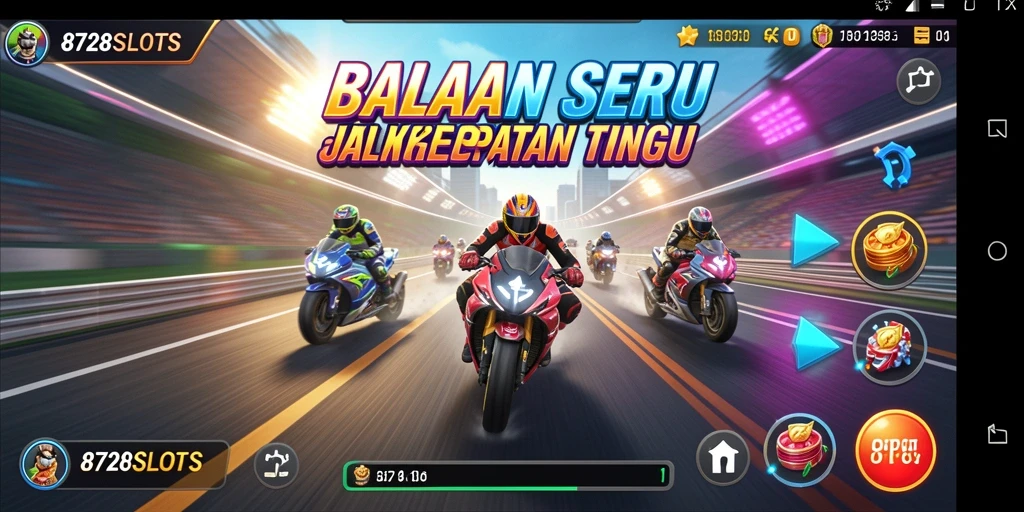 Tangkapan layar gameplay 8728SLOTS menunjukkan balapan mendebarkan di trek yang menantang.