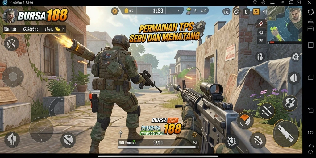 Tangkapan layar utama BURSA188 menampilkan aksi seru dalam gameplay TPS.