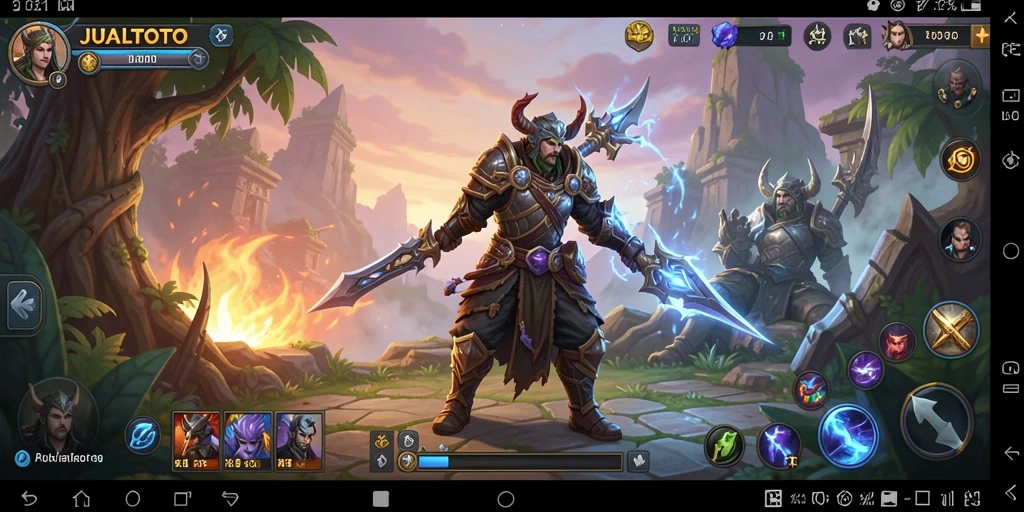 Tampilan gameplay JUALTOTO dengan pertarungan yang mendebarkan dan karakter heroik.