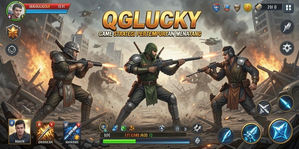 Tangkapan layar utama <strong>QGLUCKY</strong> menampilkan aksi pertempuran strategis yang seru.