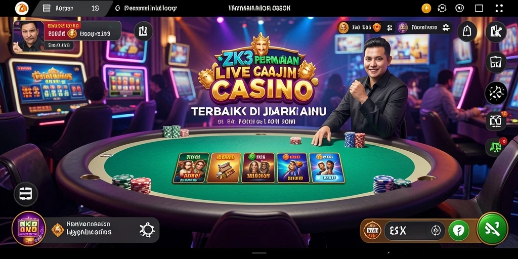 Tangkapan layar ZK3 menampilkan dealer berinteraksi dengan pemain dalam suasana Live Casino yang mendebarkan.